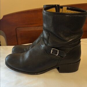 Frye Black Combat Moto Boots with Buckle and Chunky Heel